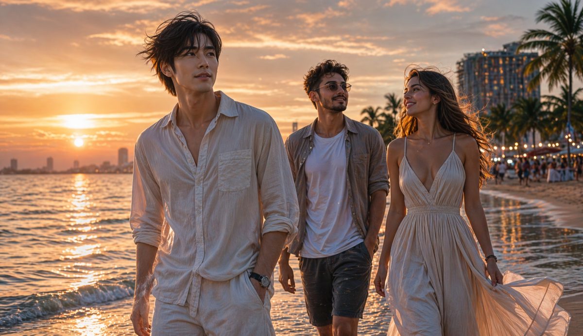 Minsu and friends walking on a beach in Thailand before everything changes